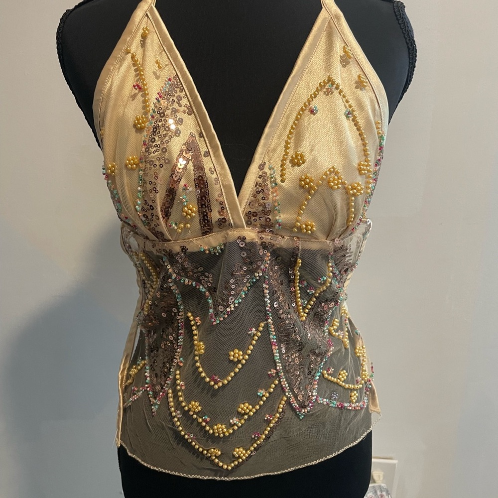 Embellished Cream and Taupe V-Neck Beaded Tank Top